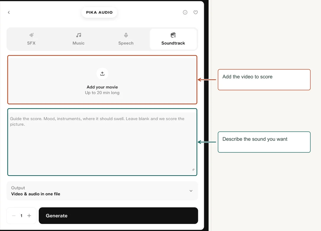 Arrows highlight: Add the video to score; Describe the sound you want.