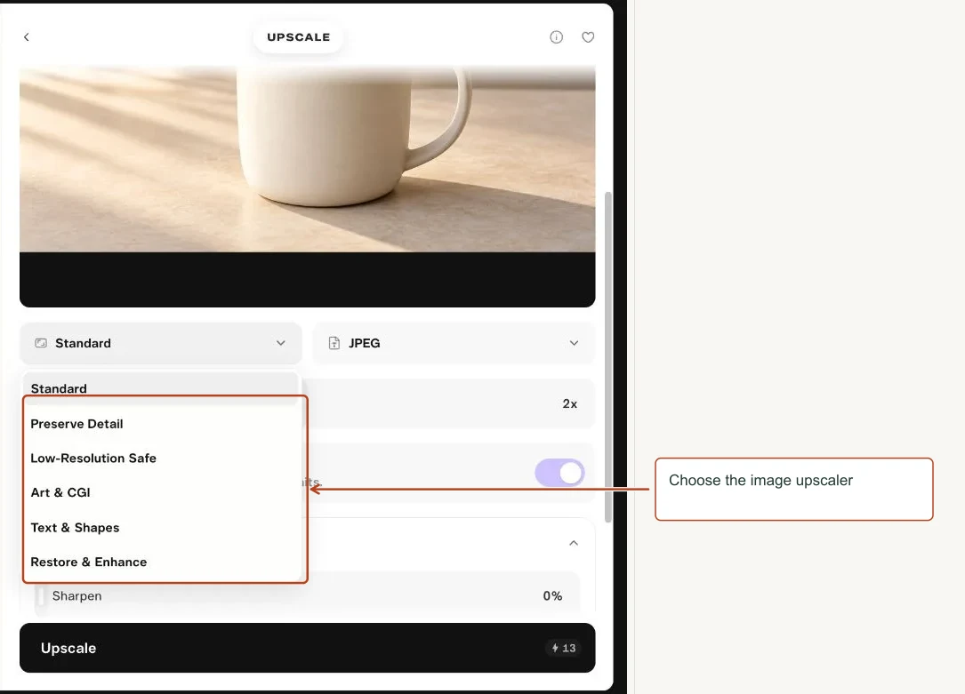 Arrows highlight: Choose the image upscaler.