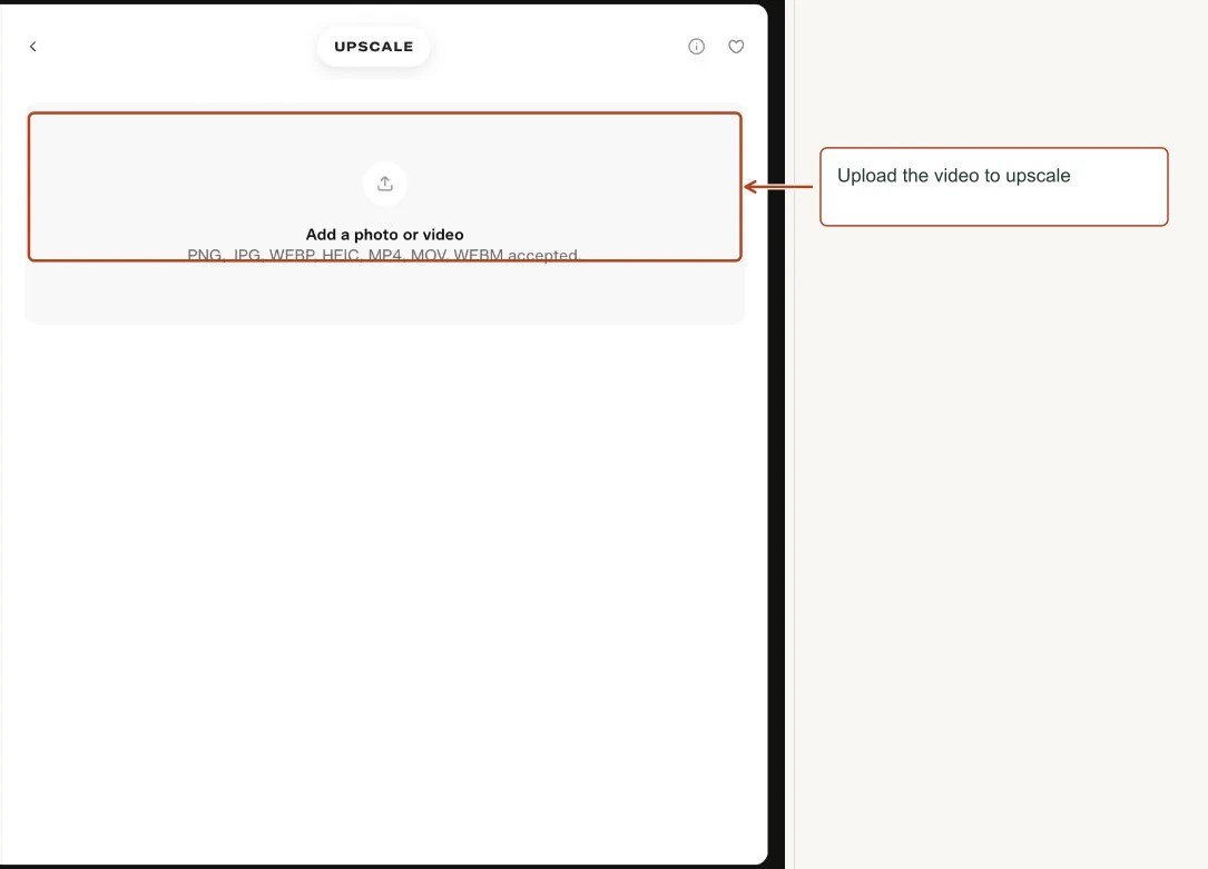 Arrows highlight: Upload the video to upscale.