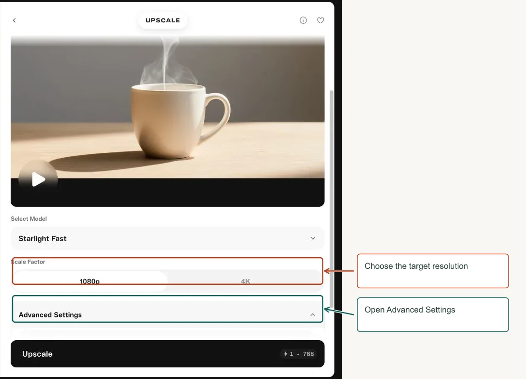 Arrows highlight: Choose the target resolution; Open Advanced Settings.