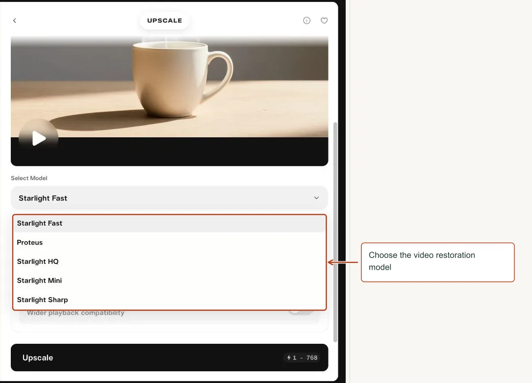 Arrows highlight: Choose the video restoration model.