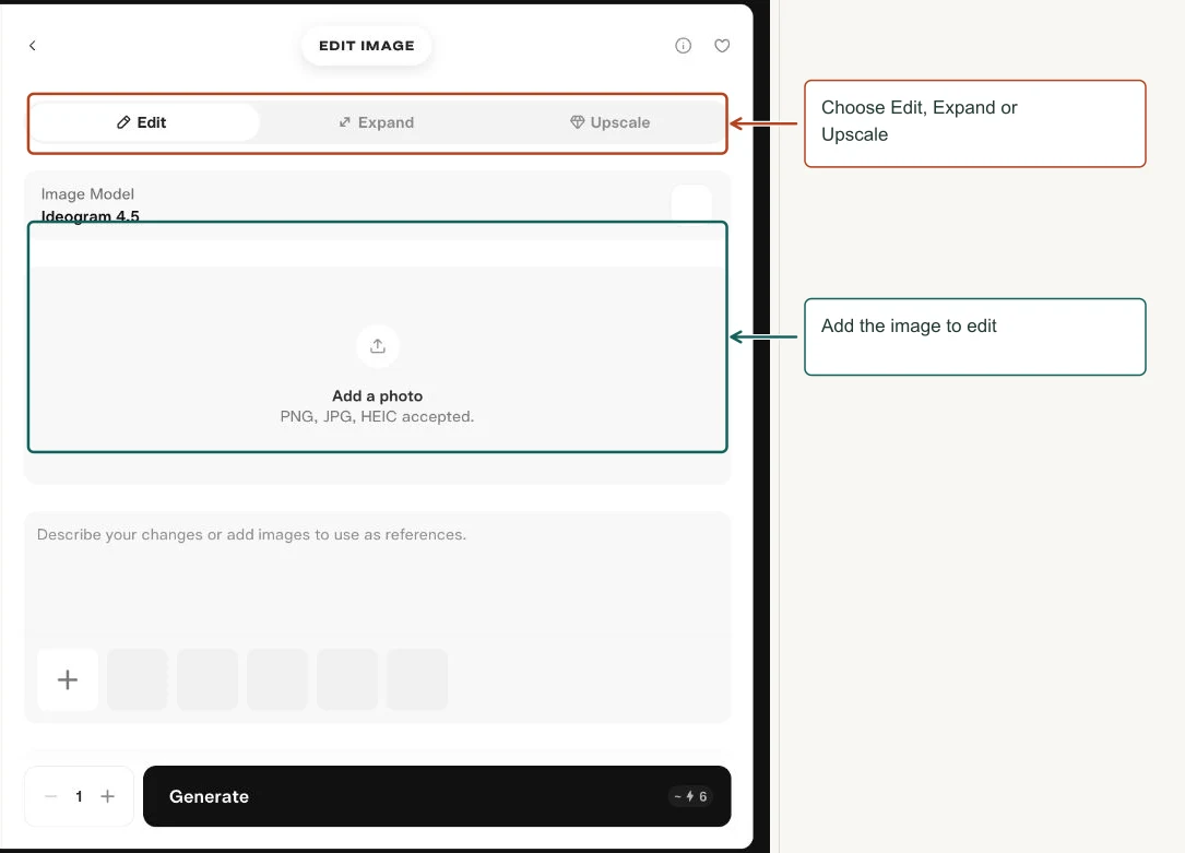 Arrows highlight: Choose Edit, Expand or Upscale; Add the image to edit.