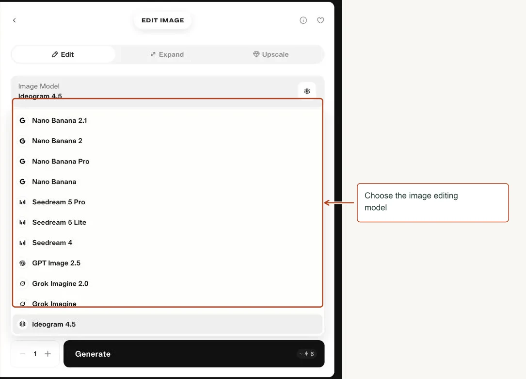 Arrows highlight: Choose the image editing model.