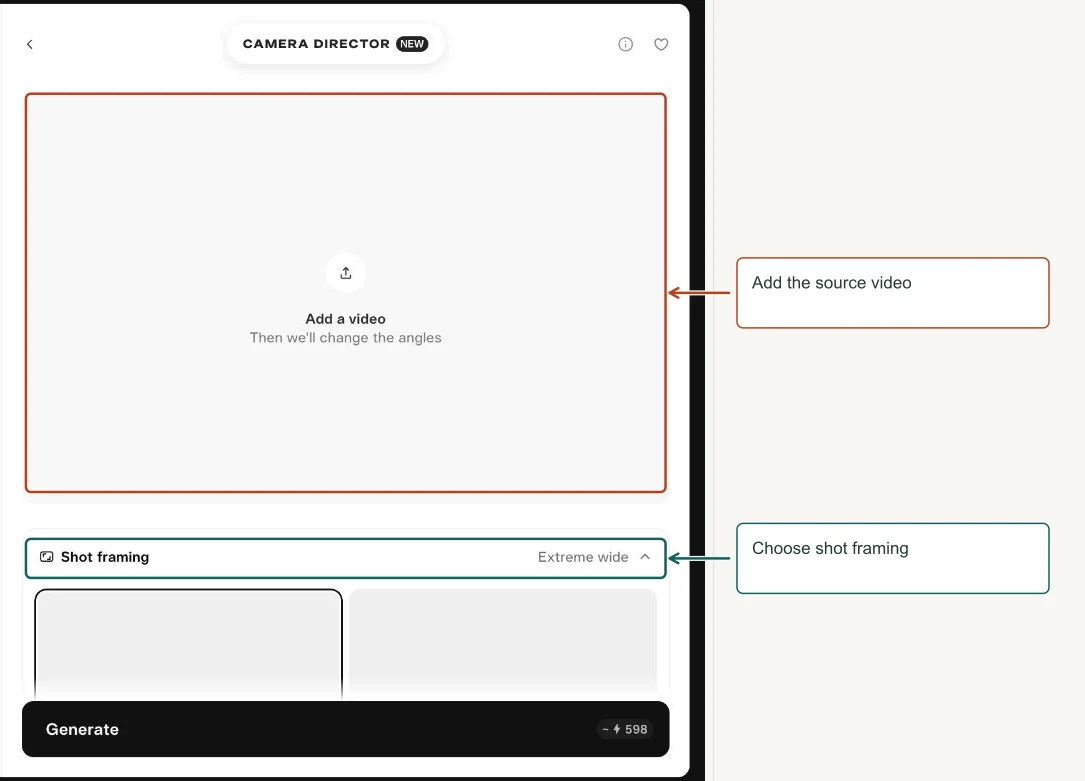 Arrows highlight: Add the source video; Choose shot framing.