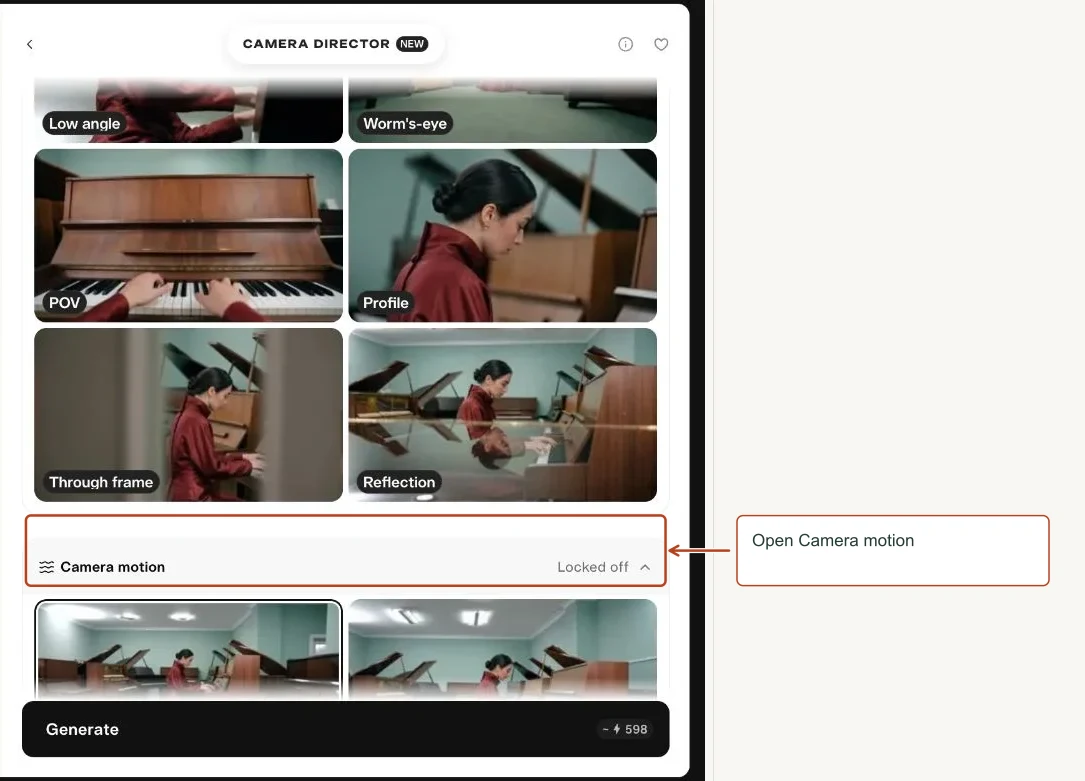 Arrows highlight: Open Camera motion.