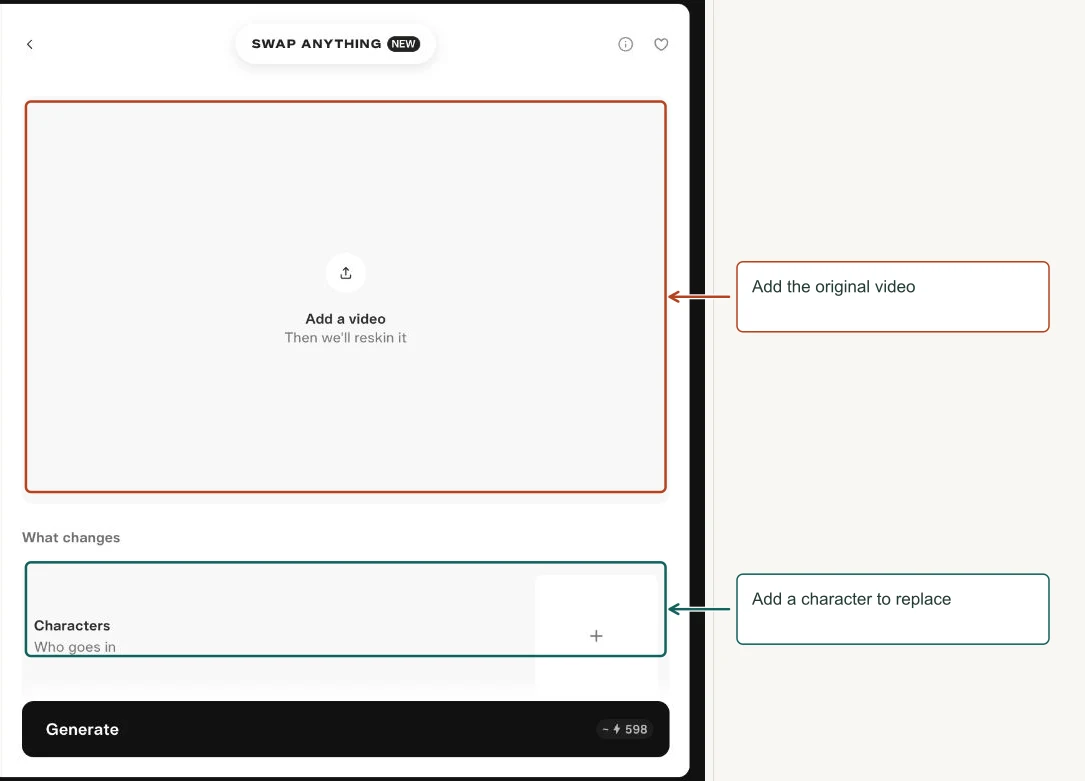 Arrows highlight: Add the original video; Add a character to replace.