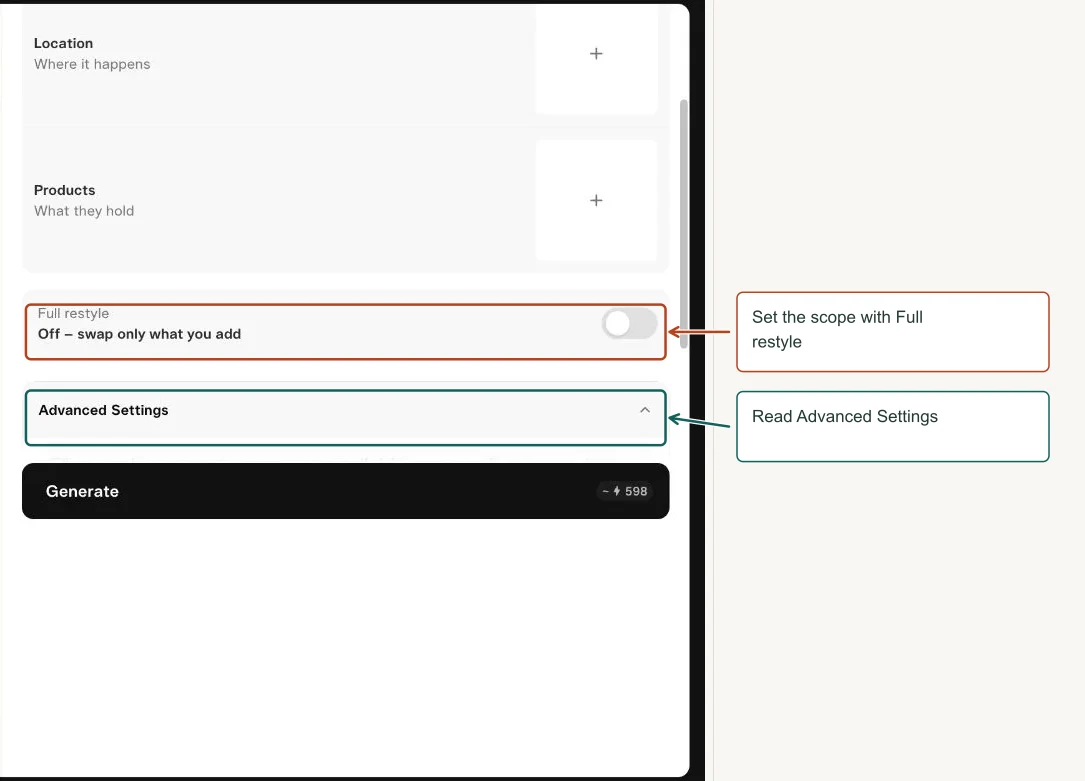 Arrows highlight: Set the scope with Full restyle; Read Advanced Settings.