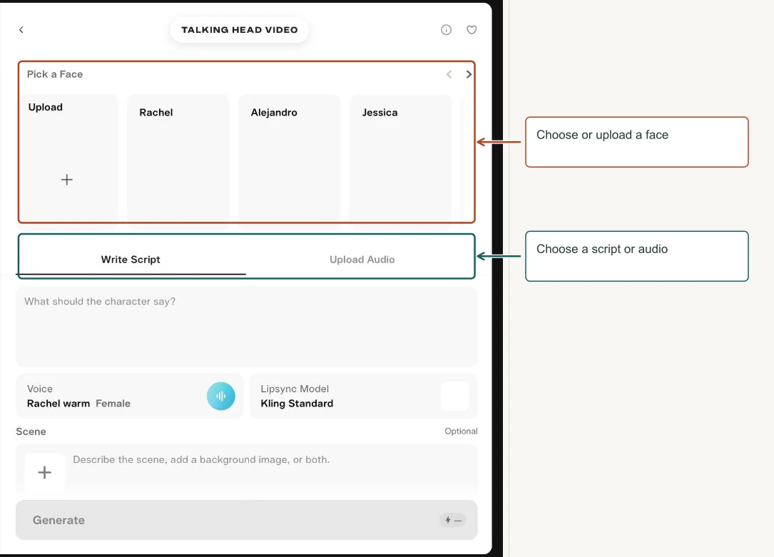 Arrows highlight: Choose or upload a face; Choose a script or audio.