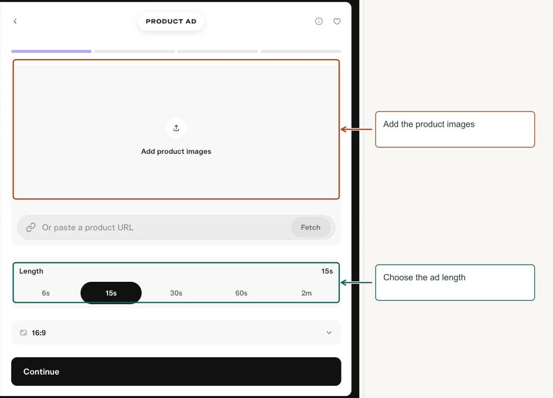 Arrows highlight: Add the product images; Choose the ad length.