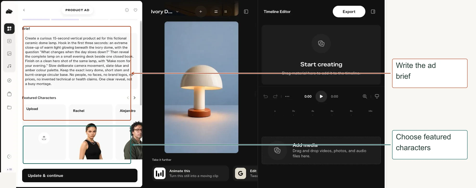 Arrows highlight: Write the ad brief; Choose featured characters.