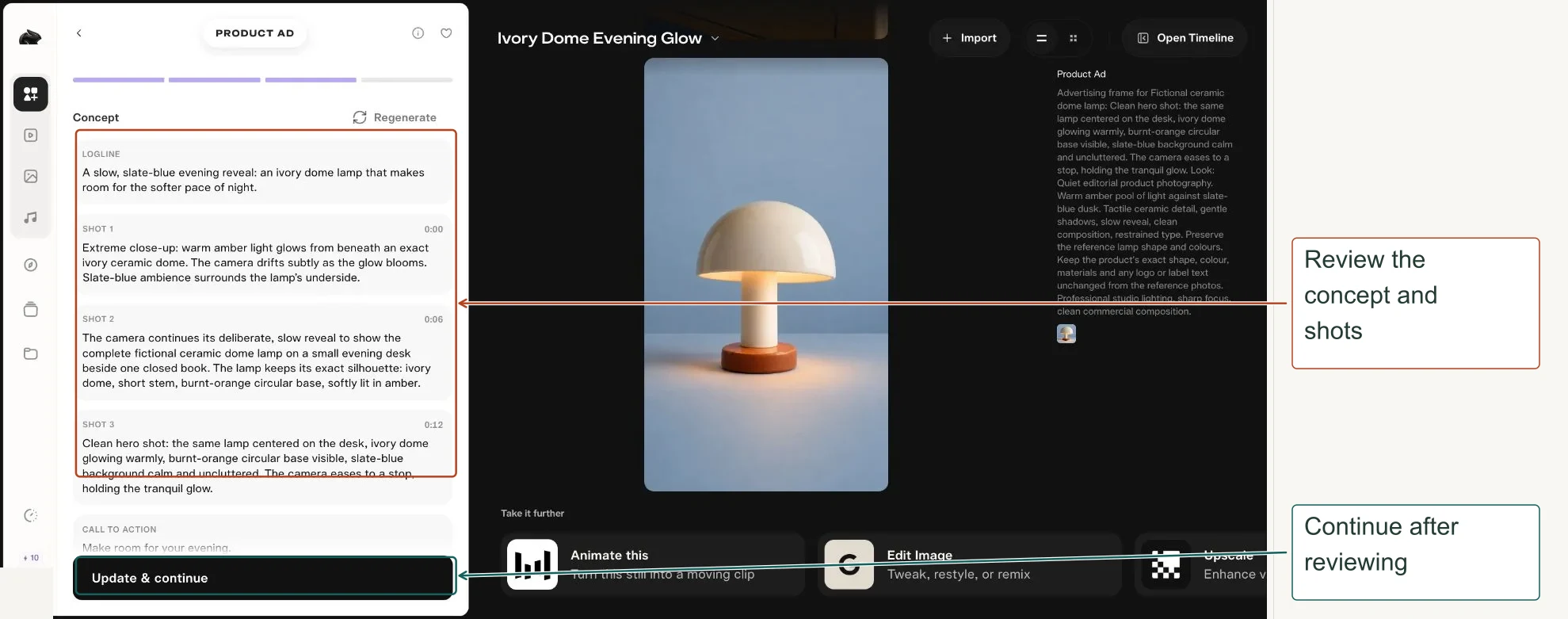 Arrows highlight: Review the concept and shots; Continue after reviewing.