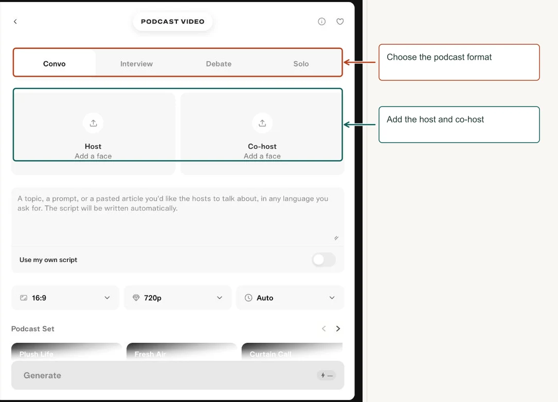 Arrows highlight: Choose the podcast format; Add the host and co-host.