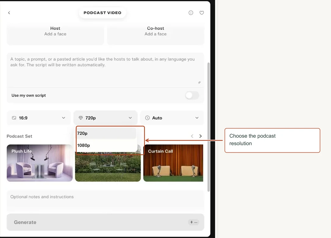 Arrows highlight: Choose the podcast resolution.