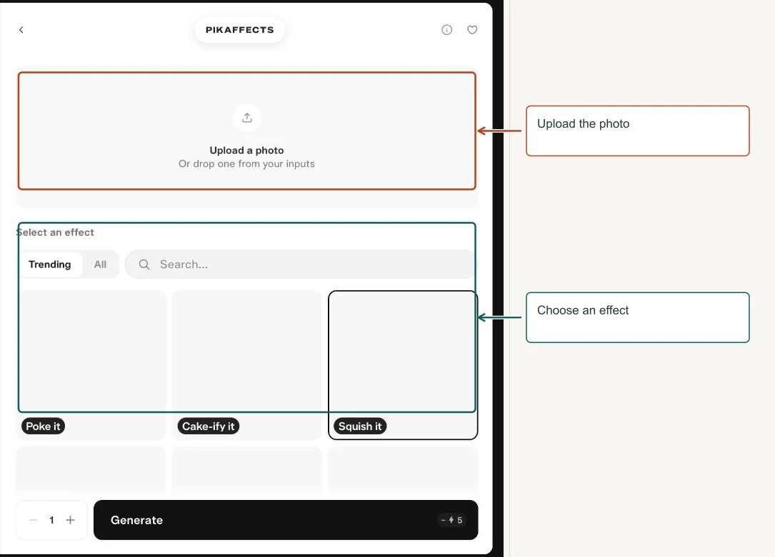 Arrows highlight: Upload the photo; Choose an effect.