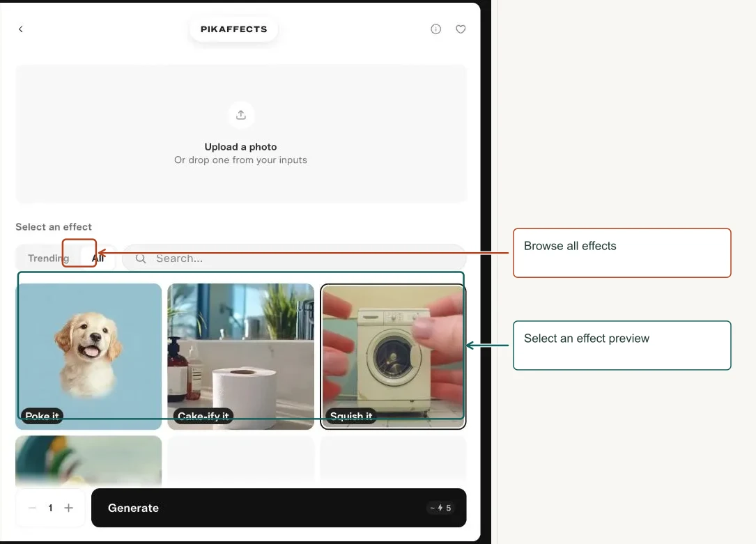 Arrows highlight: Browse all effects; Select an effect preview.