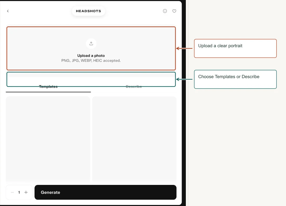 Arrows highlight: Upload a clear portrait; Choose Templates or Describe.