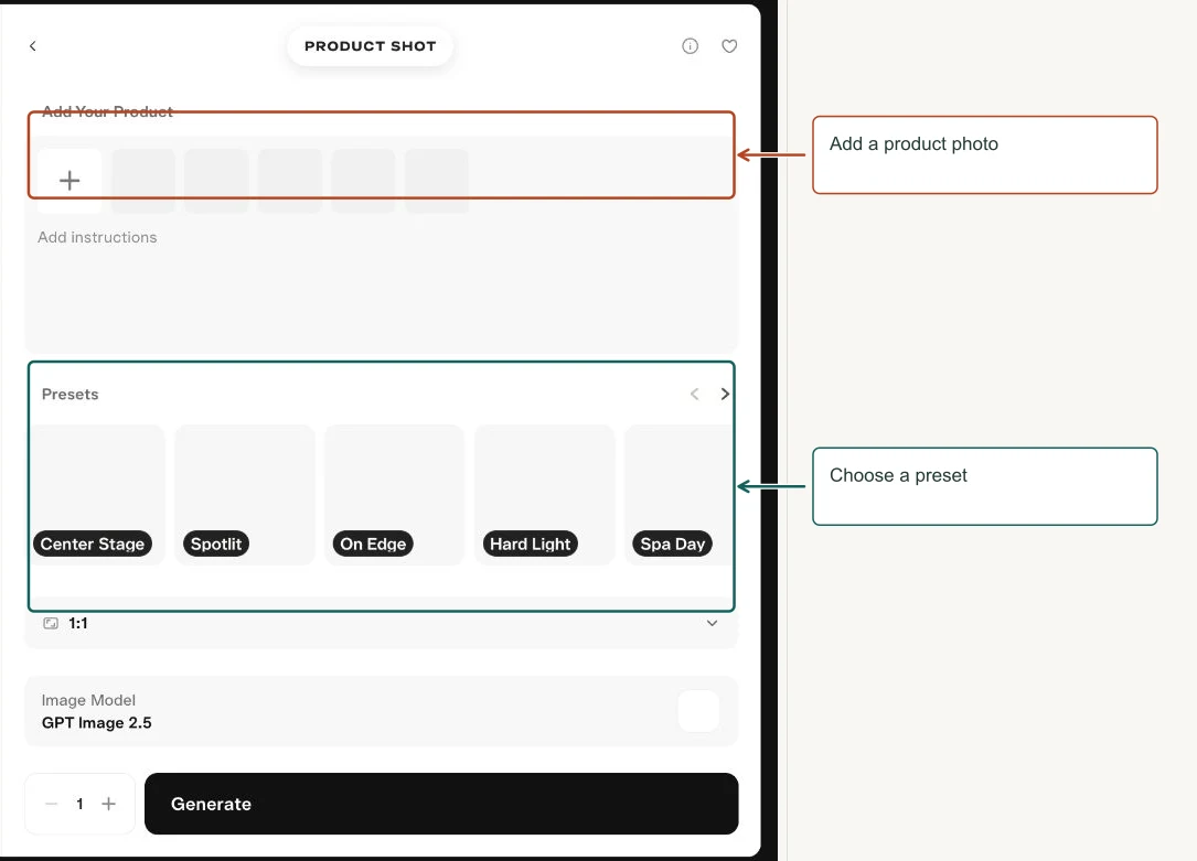 Arrows highlight: Add a product photo; Choose a preset.
