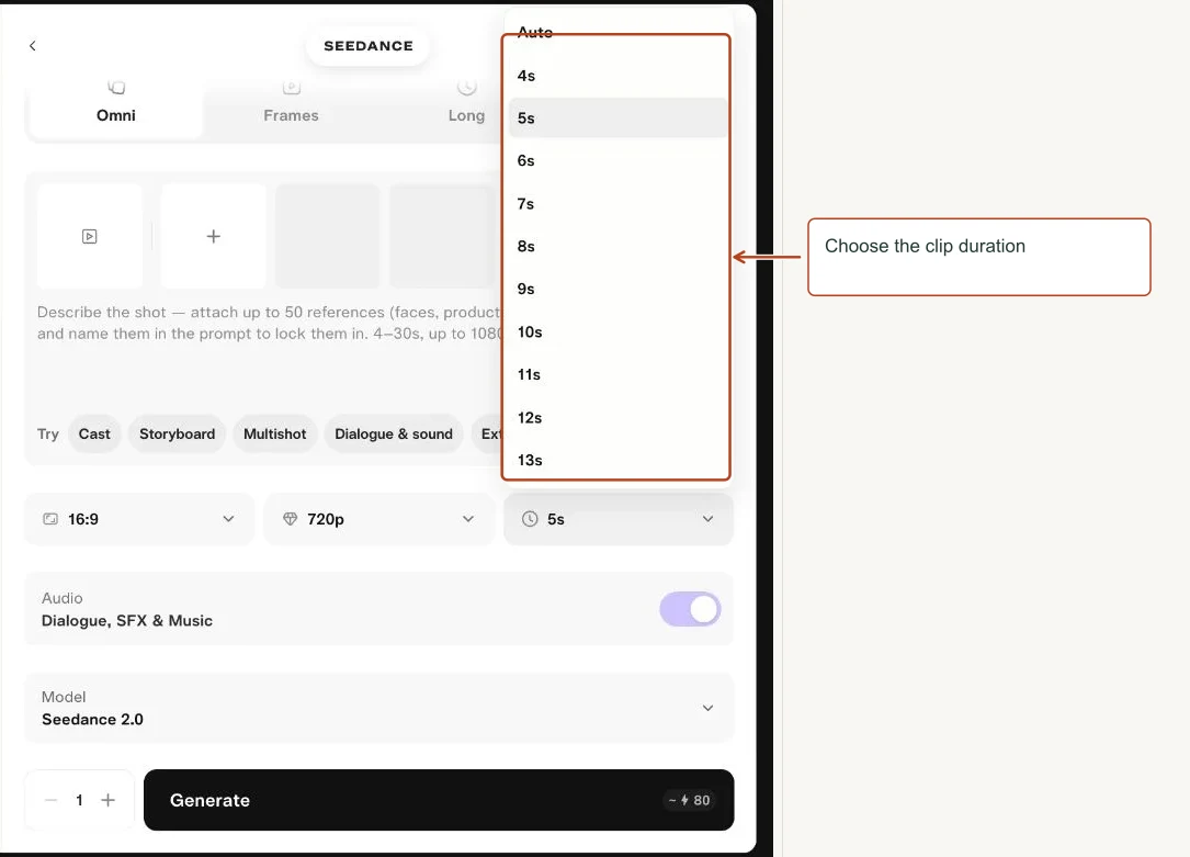 Arrows highlight: Choose the clip duration.