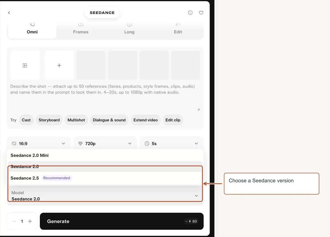 Arrows highlight: Choose a Seedance version.
