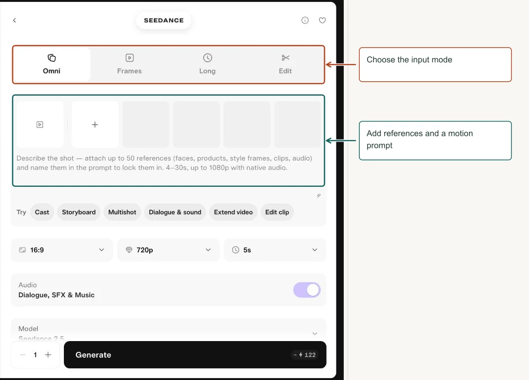 Arrows highlight: Choose the input mode; Add references and a motion prompt.