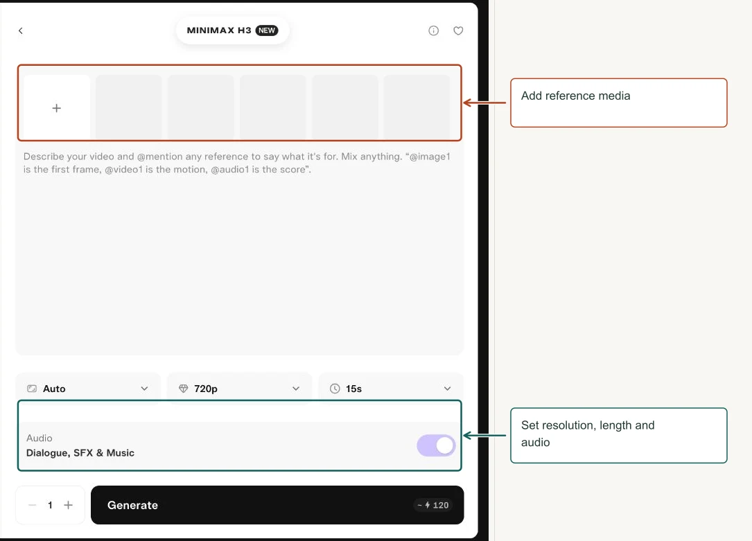 Arrows highlight: Add reference media; Set resolution, length and audio.