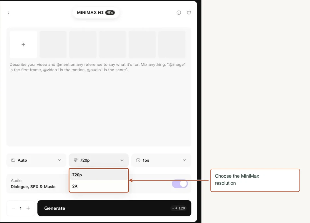 Arrows highlight: Choose the MiniMax resolution.