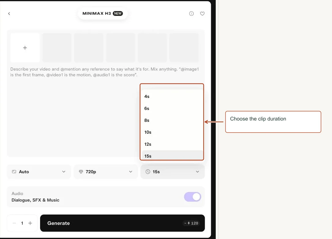 Arrows highlight: Choose the clip duration.