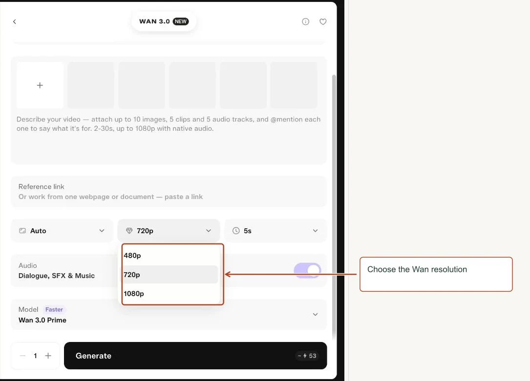 Arrows highlight: Choose the Wan resolution.
