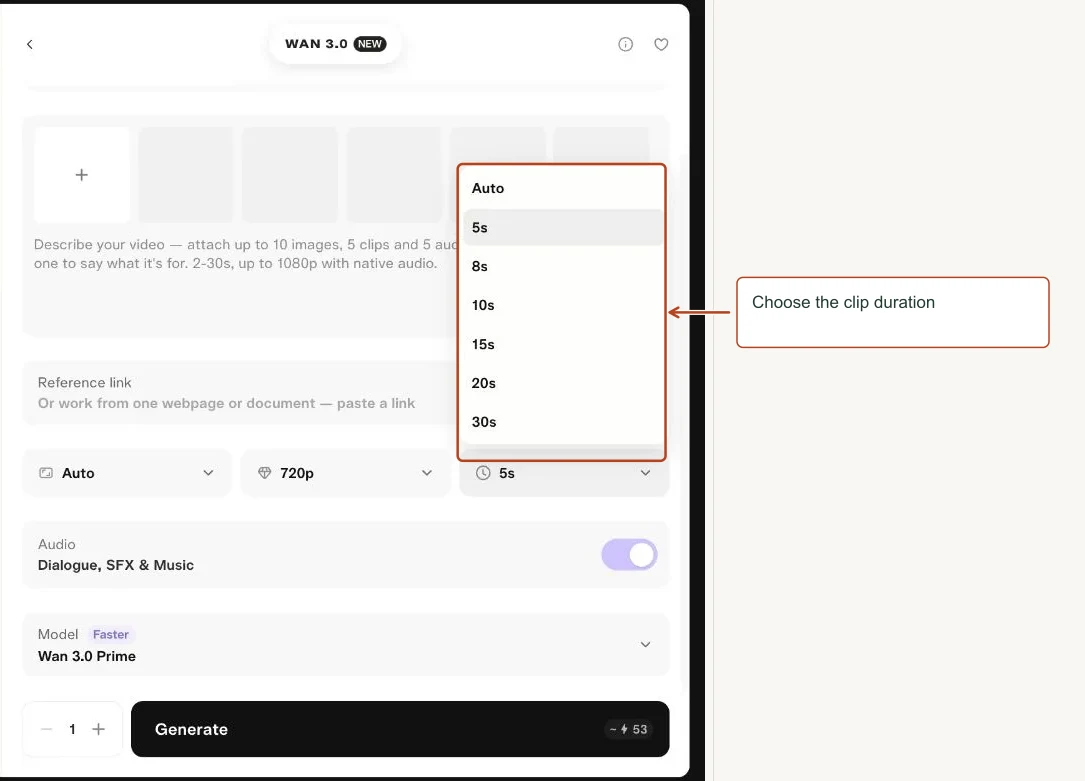 Arrows highlight: Choose the clip duration.