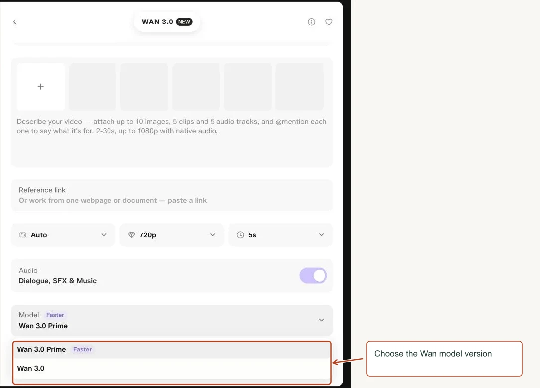 Arrows highlight: Choose the Wan model version.