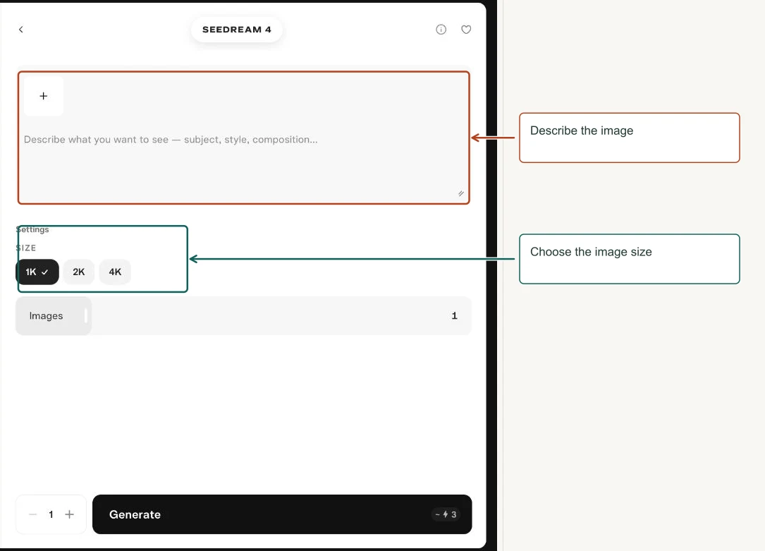 Arrows highlight: Describe the image; Choose the image size.