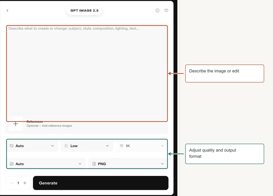 Arrows highlight: Describe the image or edit; Adjust quality and output format.