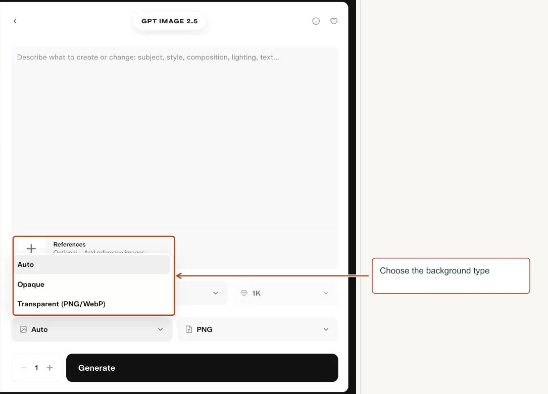 Arrows highlight: Choose the background type.