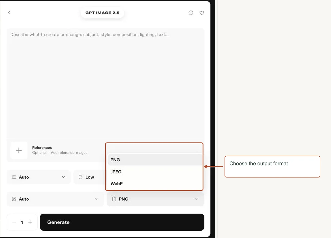 Arrows highlight: Choose the output format.