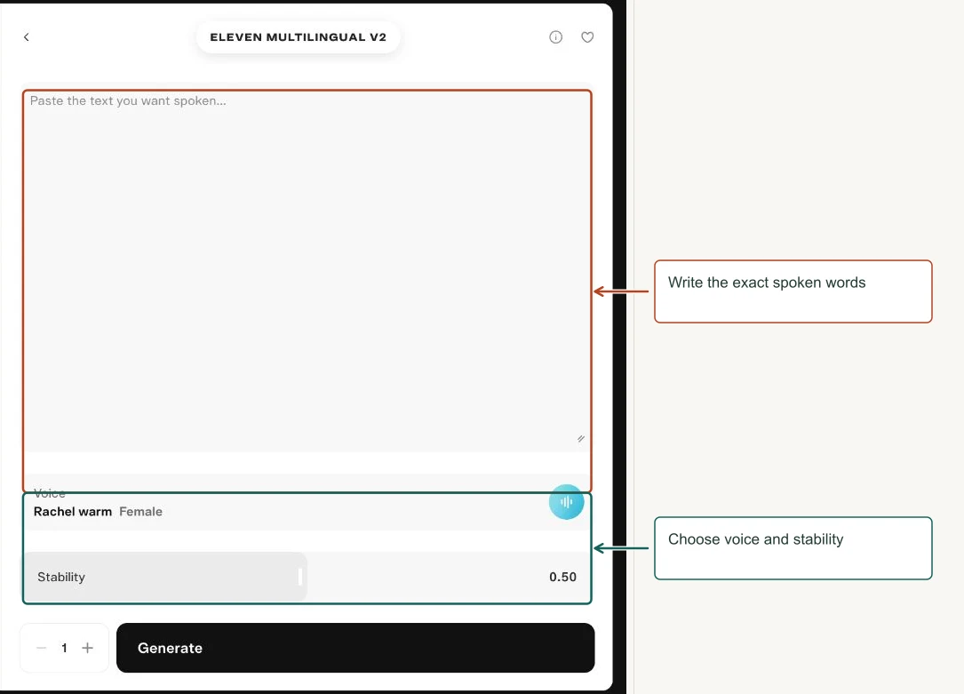 Arrows highlight: Write the exact spoken words; Choose voice and stability.