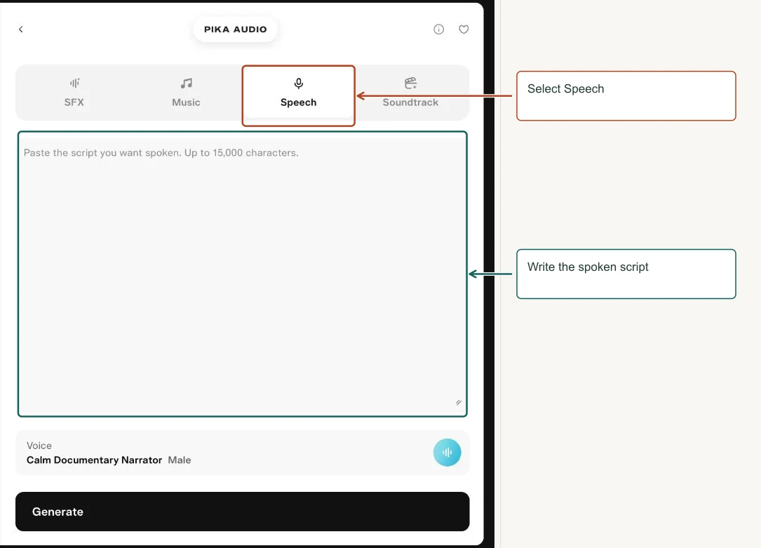 Arrows highlight: Select Speech; Write the spoken script.
