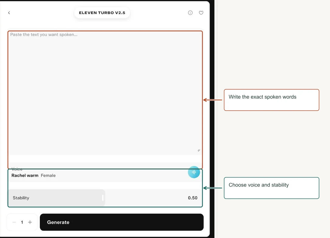 Arrows highlight: Write the exact spoken words; Choose voice and stability.