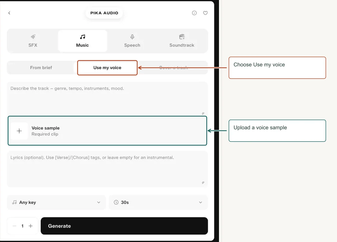 Arrows highlight: Choose Use my voice; Upload a voice sample.