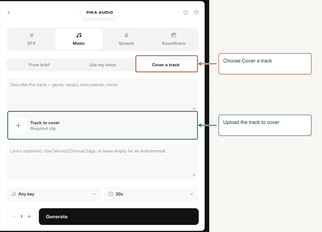 Arrows highlight: Choose Cover a track; Upload the track to cover.