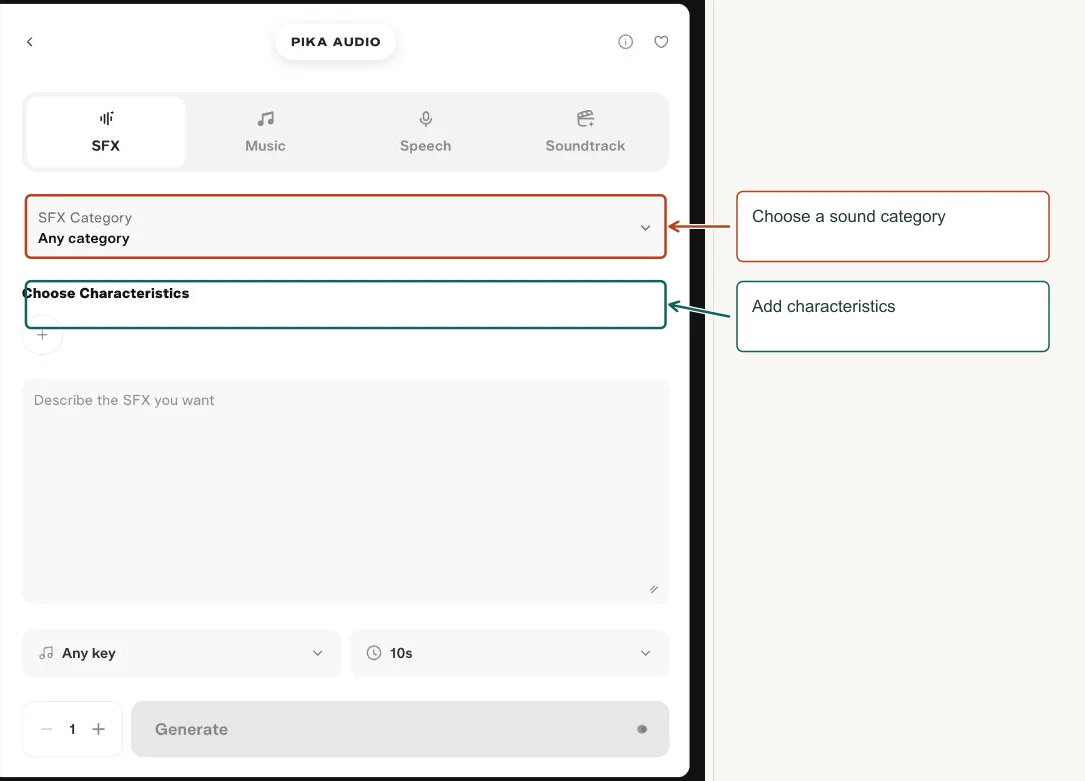 Arrows highlight: Choose a sound category; Add characteristics.