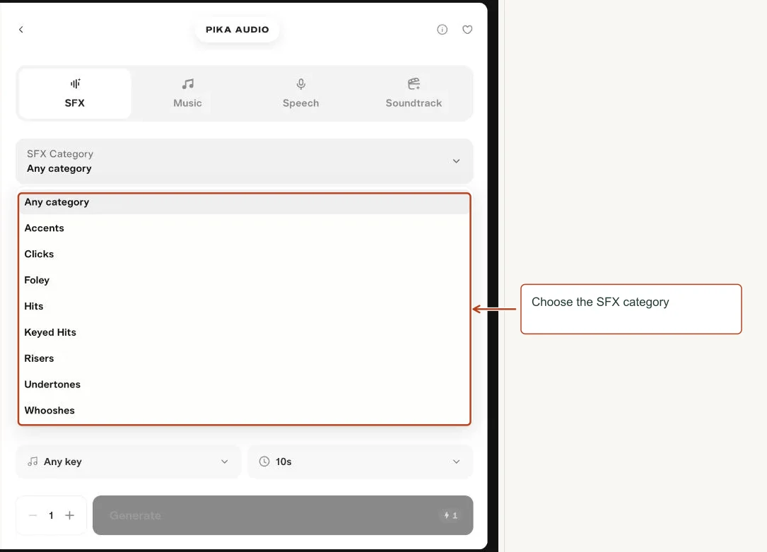 Arrows highlight: Choose the SFX category.