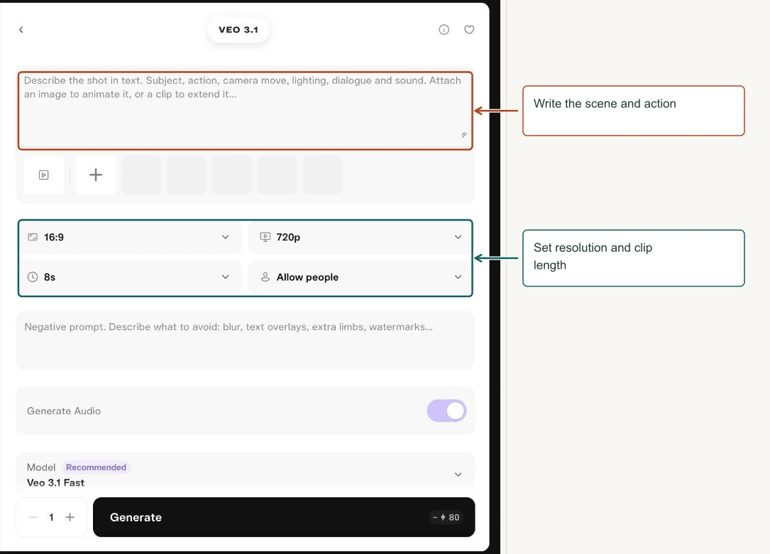 Arrows highlight: Write the scene and action; Set resolution and clip length.
