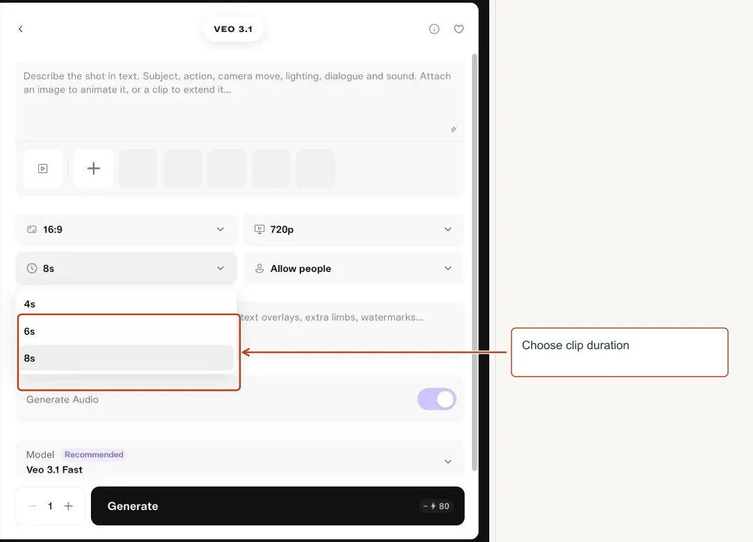 Arrows highlight: Choose clip duration.