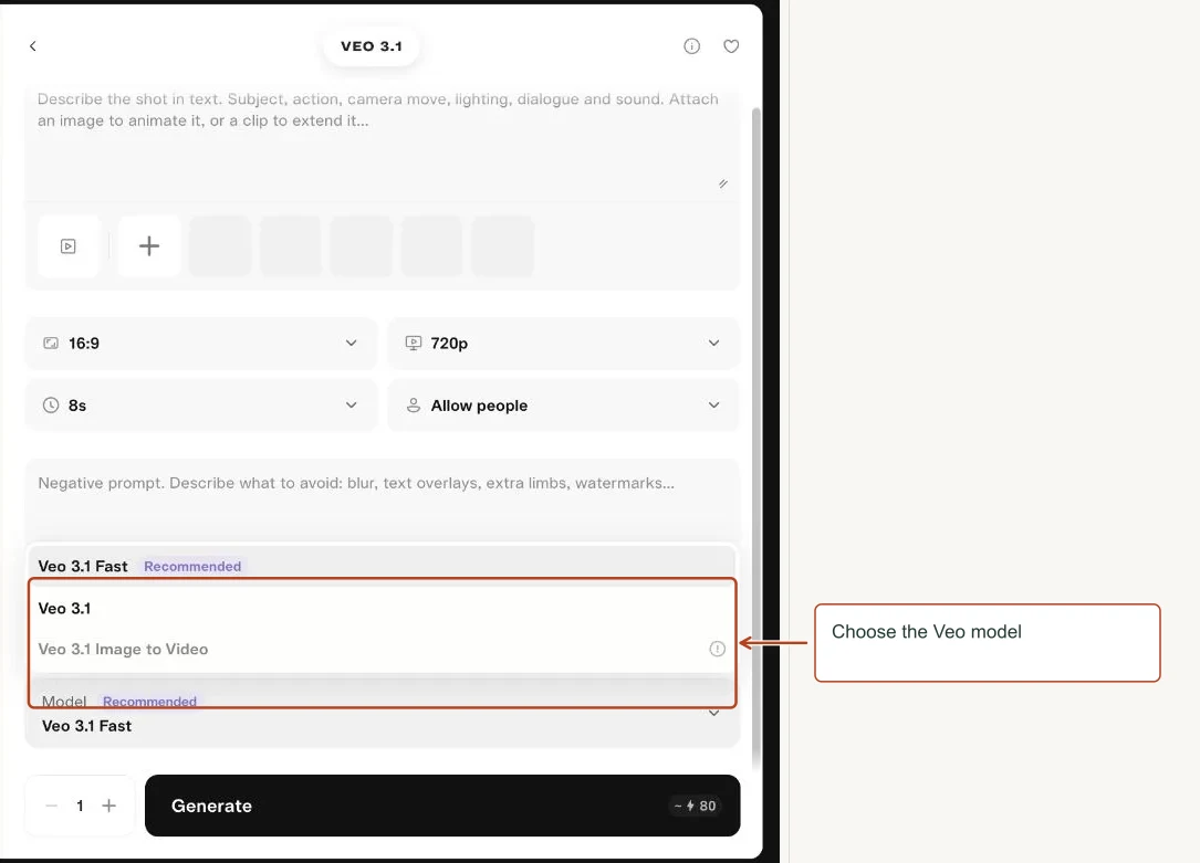 Arrows highlight: Choose the Veo model.