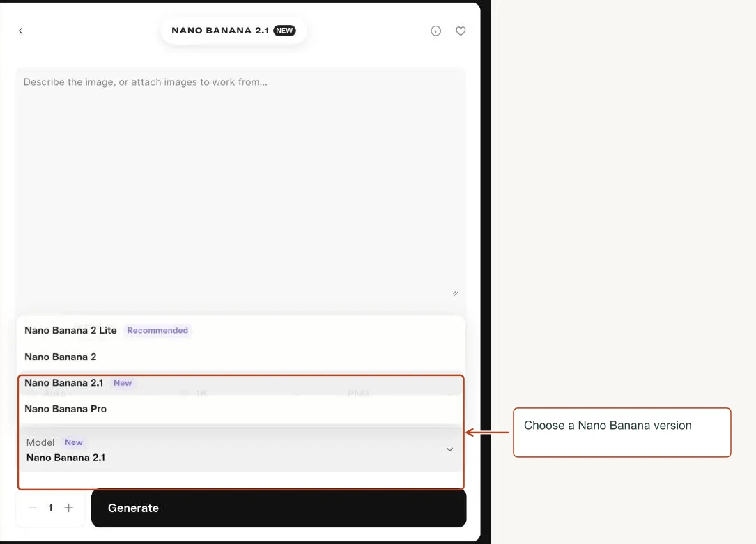 Arrows highlight: Choose a Nano Banana version.