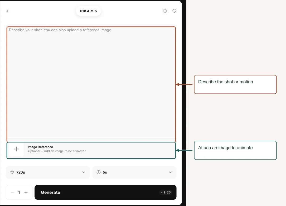 Arrows highlight: Describe the shot or motion; Attach an image to animate.