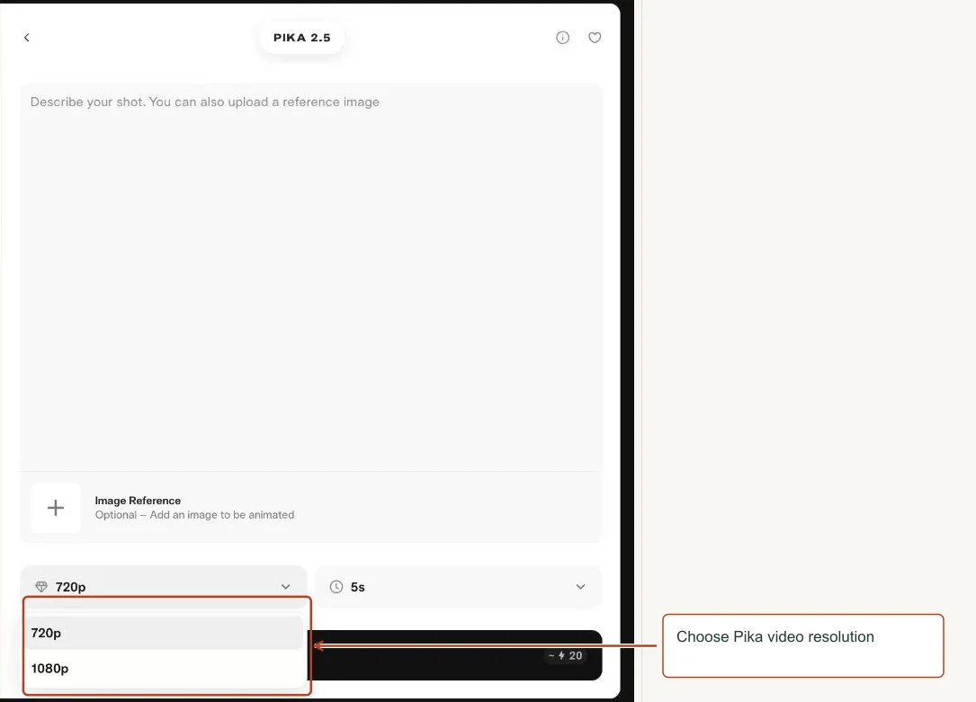 Arrows highlight: Choose Pika video resolution.