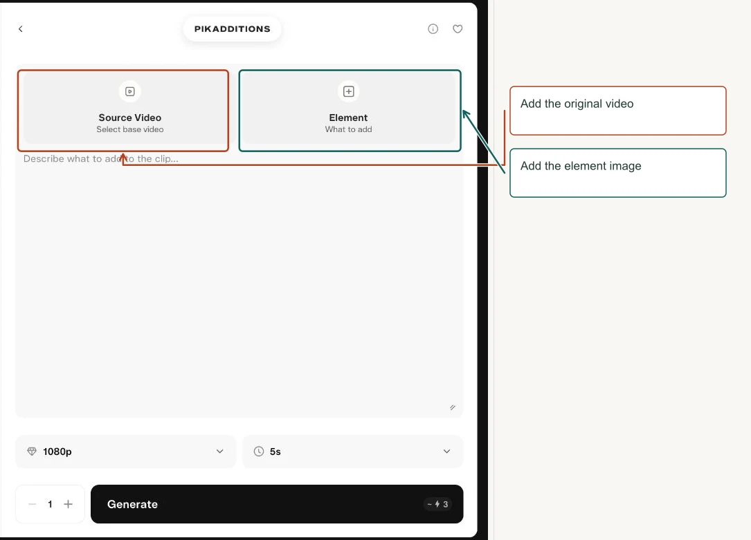 Arrows highlight: Add the original video; Add the element image.