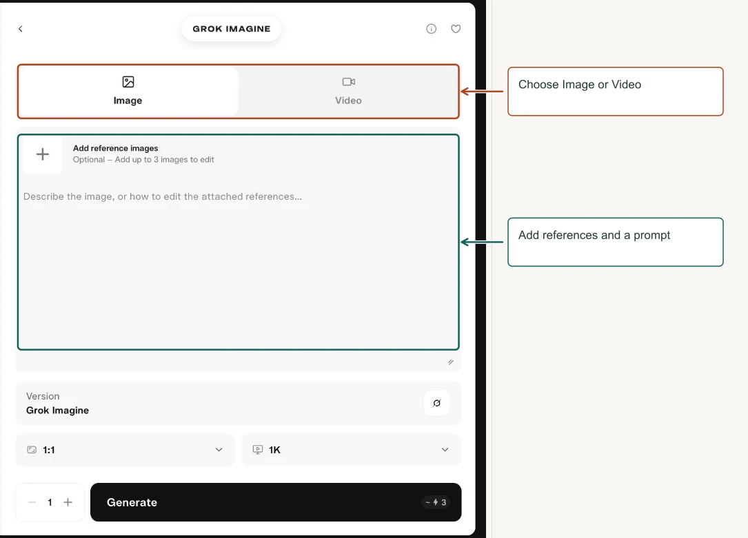 Arrows highlight: Choose Image or Video; Add references and a prompt.