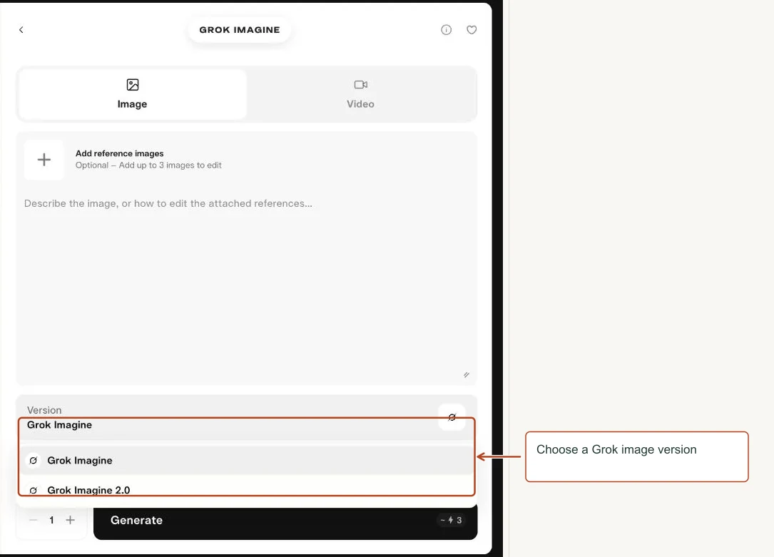 Arrows highlight: Choose a Grok image version.